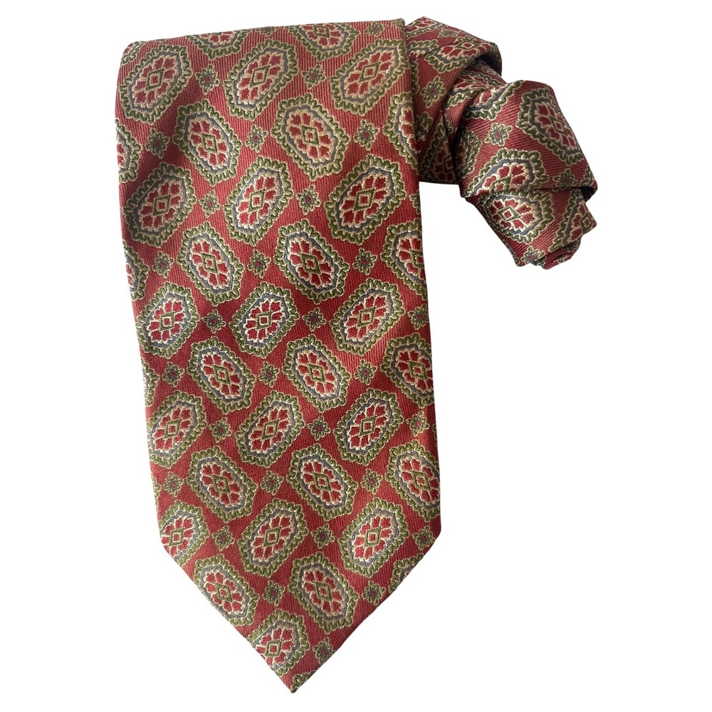 Luciano Barbera Mens Silk Tie Burgundy Green Geometric Medallion Made in‎ Italy